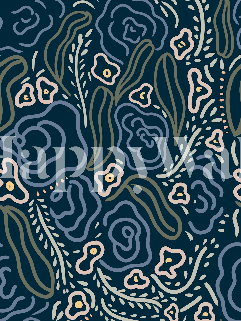 Navy floral wallpaper featuring dark blue roses and light pink accents
