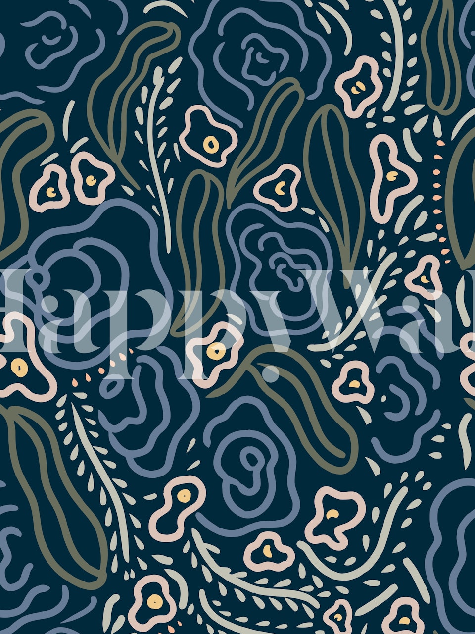 Navy floral wallpaper featuring dark blue roses and light pink accents