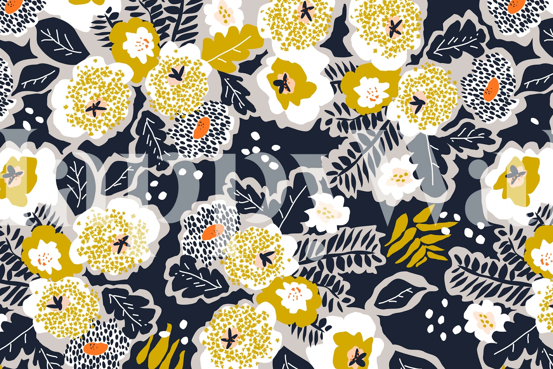 Navy blue floral pattern with yellow and white flowers wallpaper