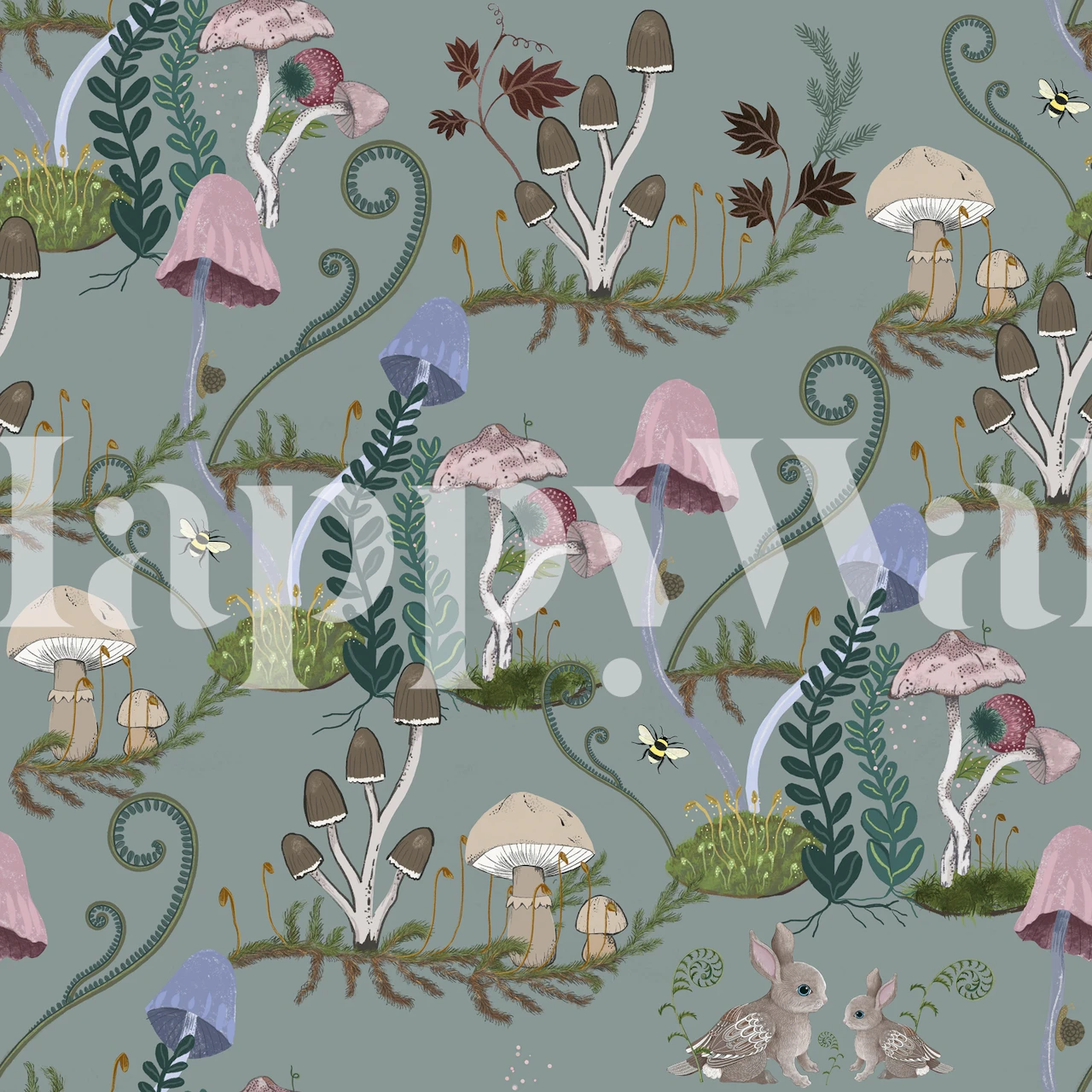 Colorful mushroom and plant design in pastel shades wallpaper