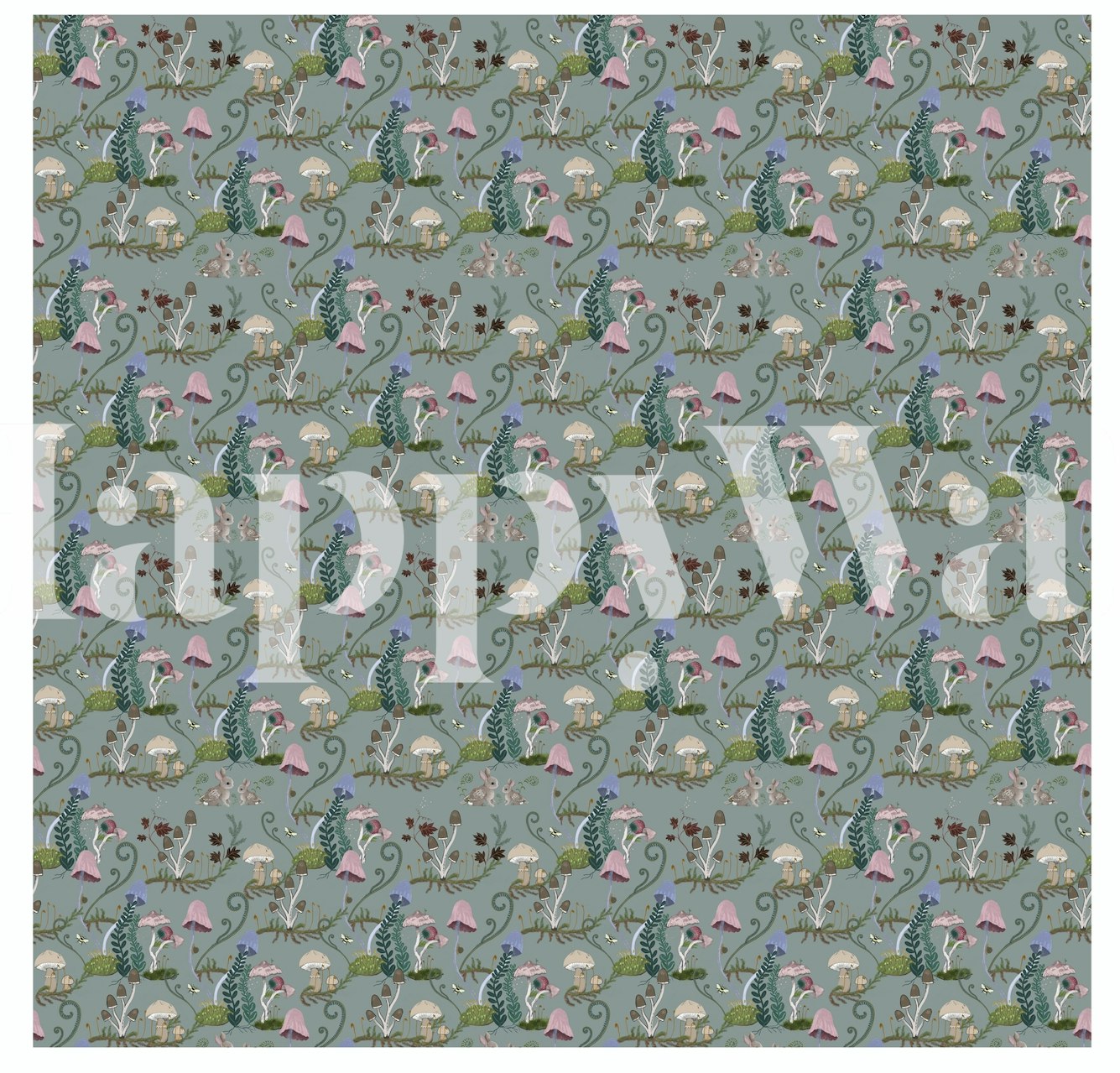 Colorful mushrooms and whimsical trees on blue wallpaper