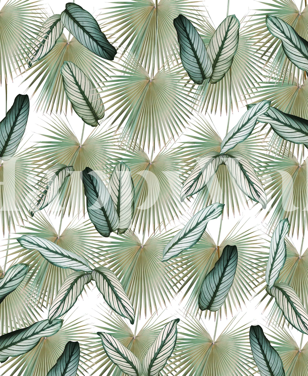 Tropical palm leaf wallpaper in green and beige tones, botanical style