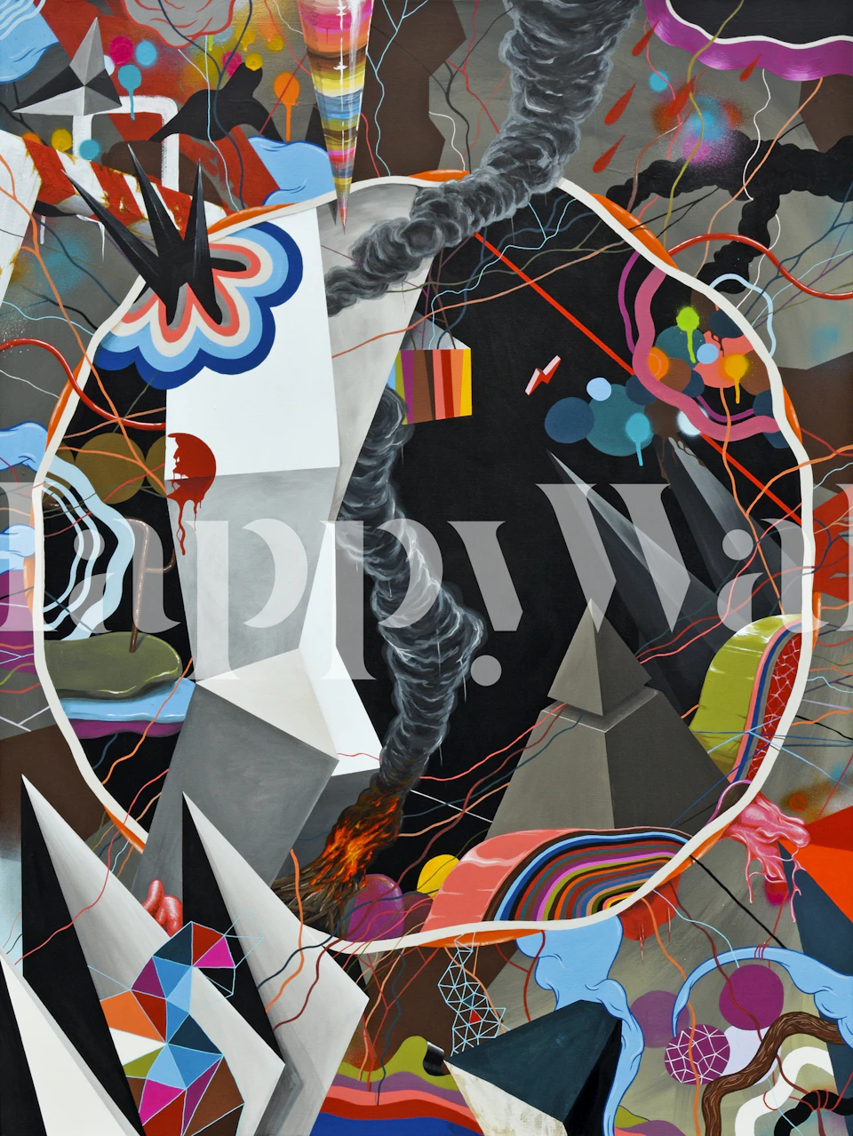 Abstract geometric shapes in vibrant colors on dark background wallpaper