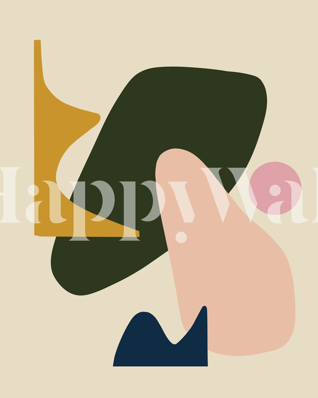 Geometric shapes in muted colors: olive green, pink, mustard, and navy on beige wallpaper