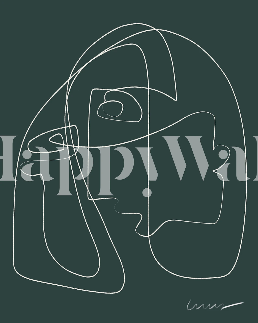 Abstrakt tunn linjeporträtt i vitt på en viridian bakgrundsväggmålning