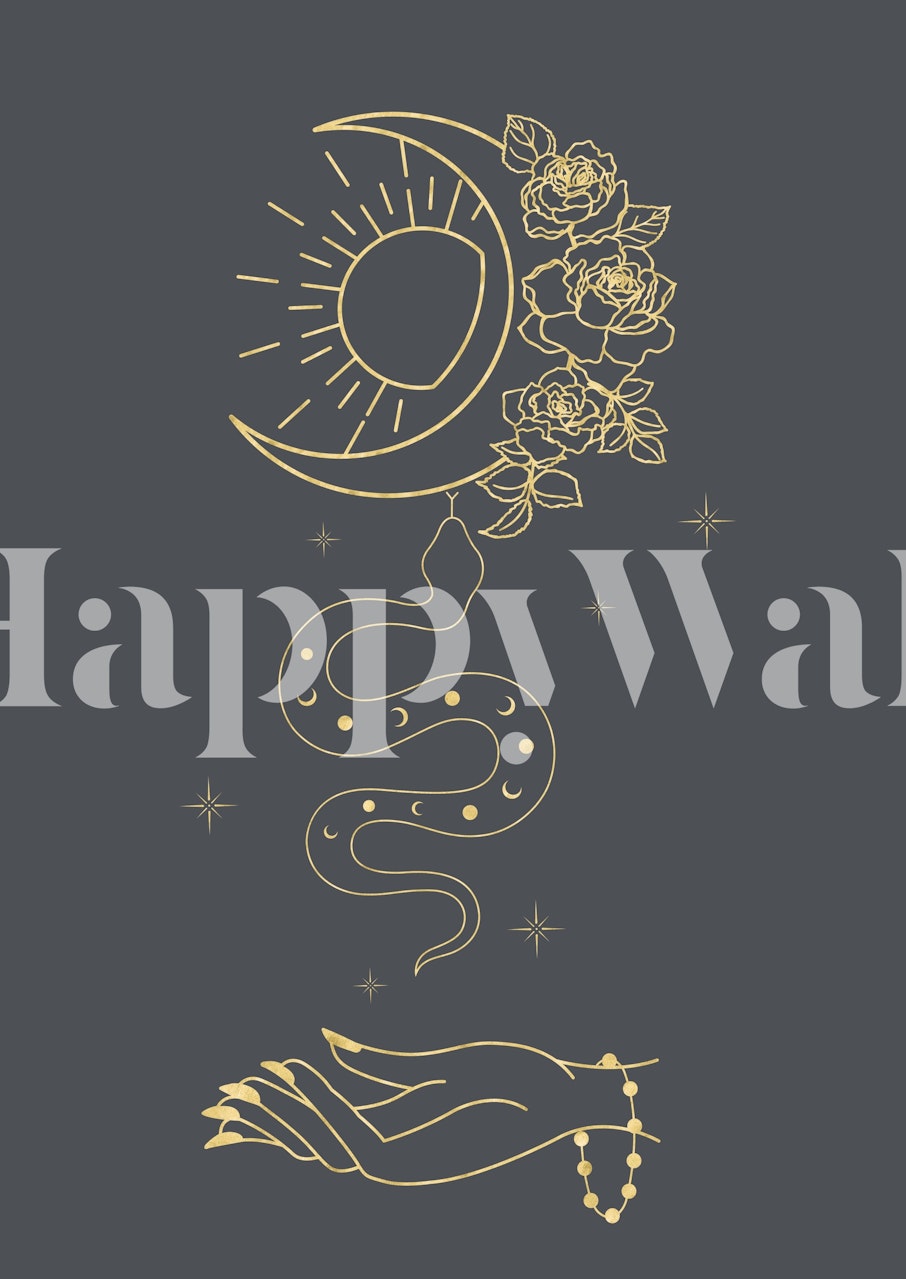 Gold moon, snake, roses, and hand designs on dark gray wallpaper