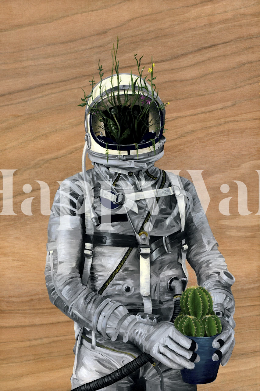 Astronaut holding cacti with greenery in a helmet on wood background wallpaper