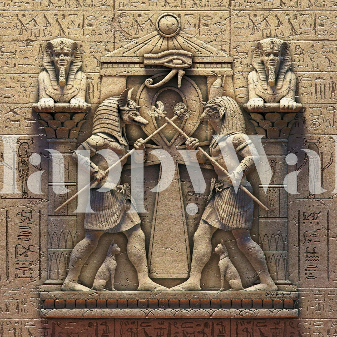 Egyptian gods with hieroglyphs and stone texture wallpaper