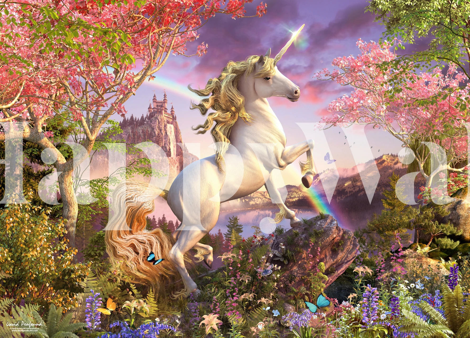 Unicorn in a fantasy garden with rainbow and flowers wallpaper