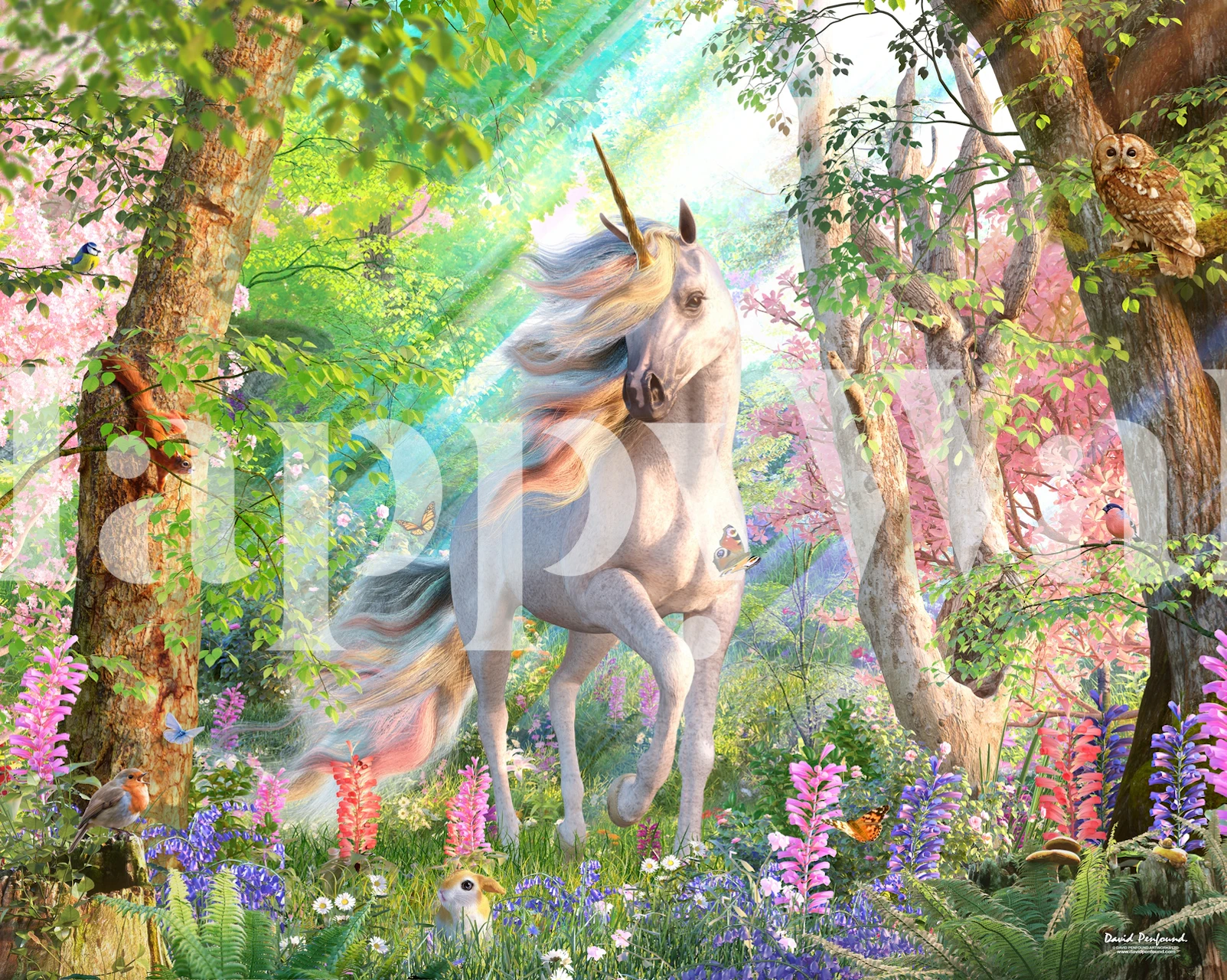 Unicorn in a vibrant forest with flowers and trees, colorful magical wallpaper