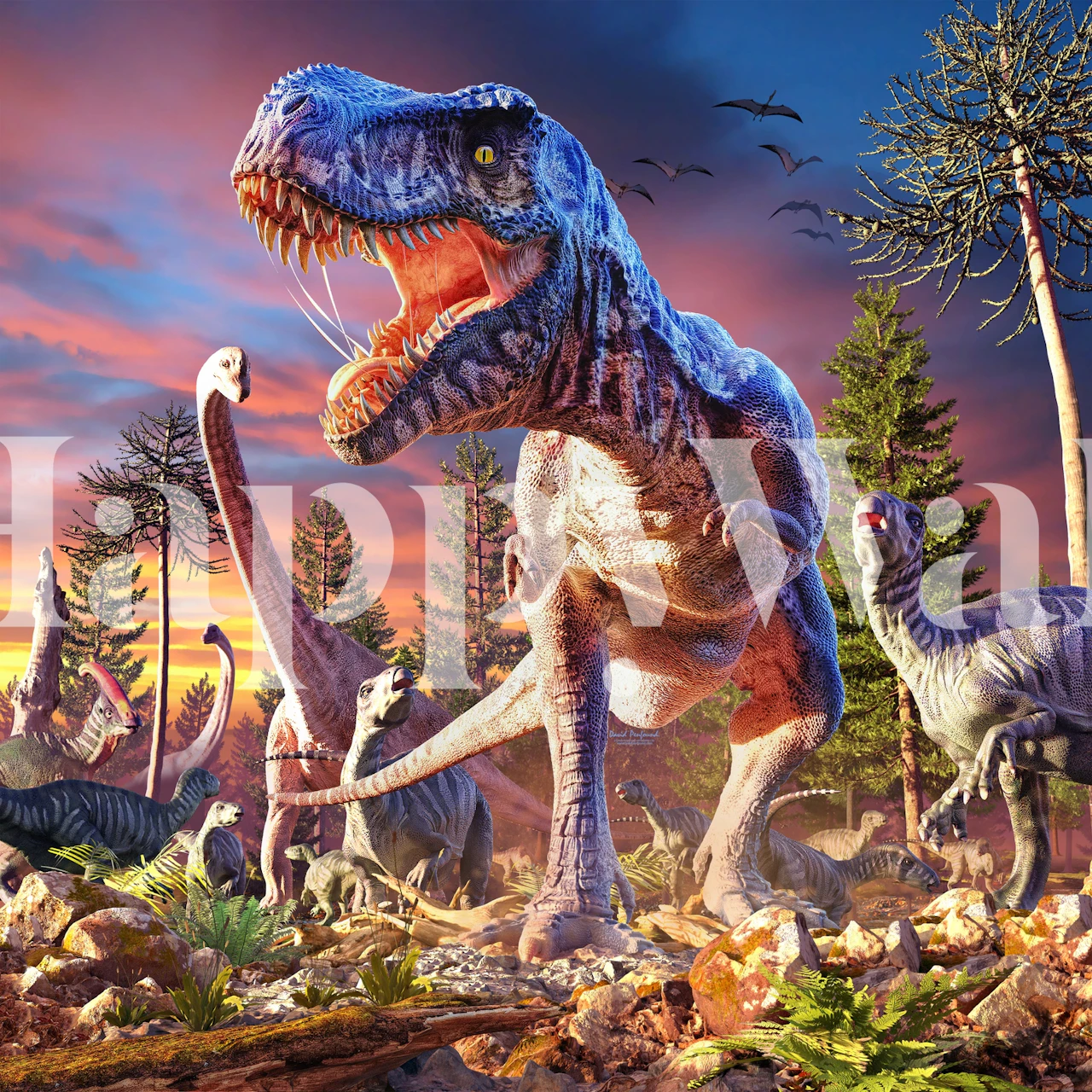 Dinosaur scene with T-Rex and other dinosaurs in vibrant colors wallpaper