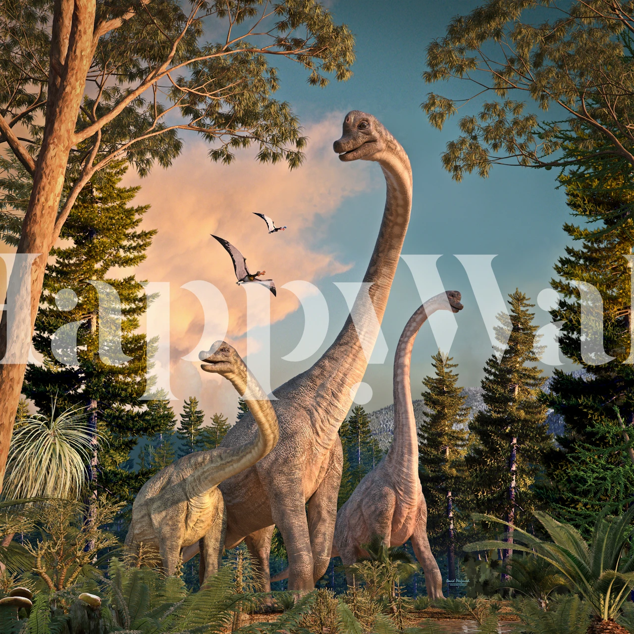 Murale murale sur le thème du Jurassique représentant des brachiosaures dans un paysage forestier ancien avec des oiseaux volants dans le ciel.