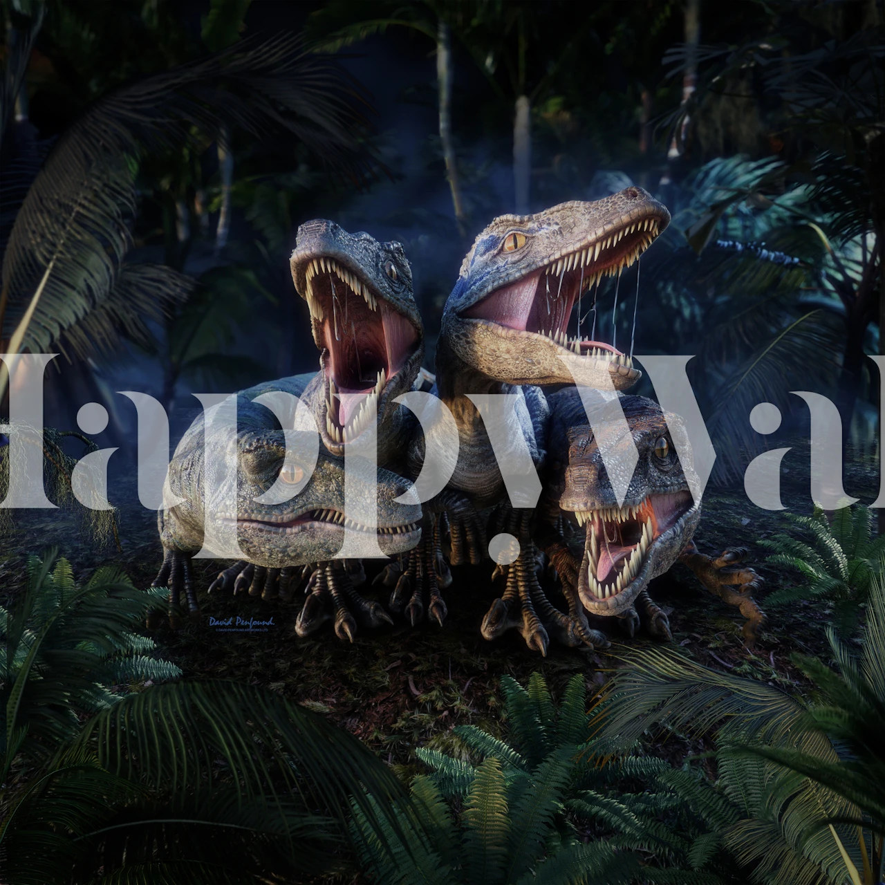 Raptor Squad dinosaur-themed wall mural with three raptors in a jungle