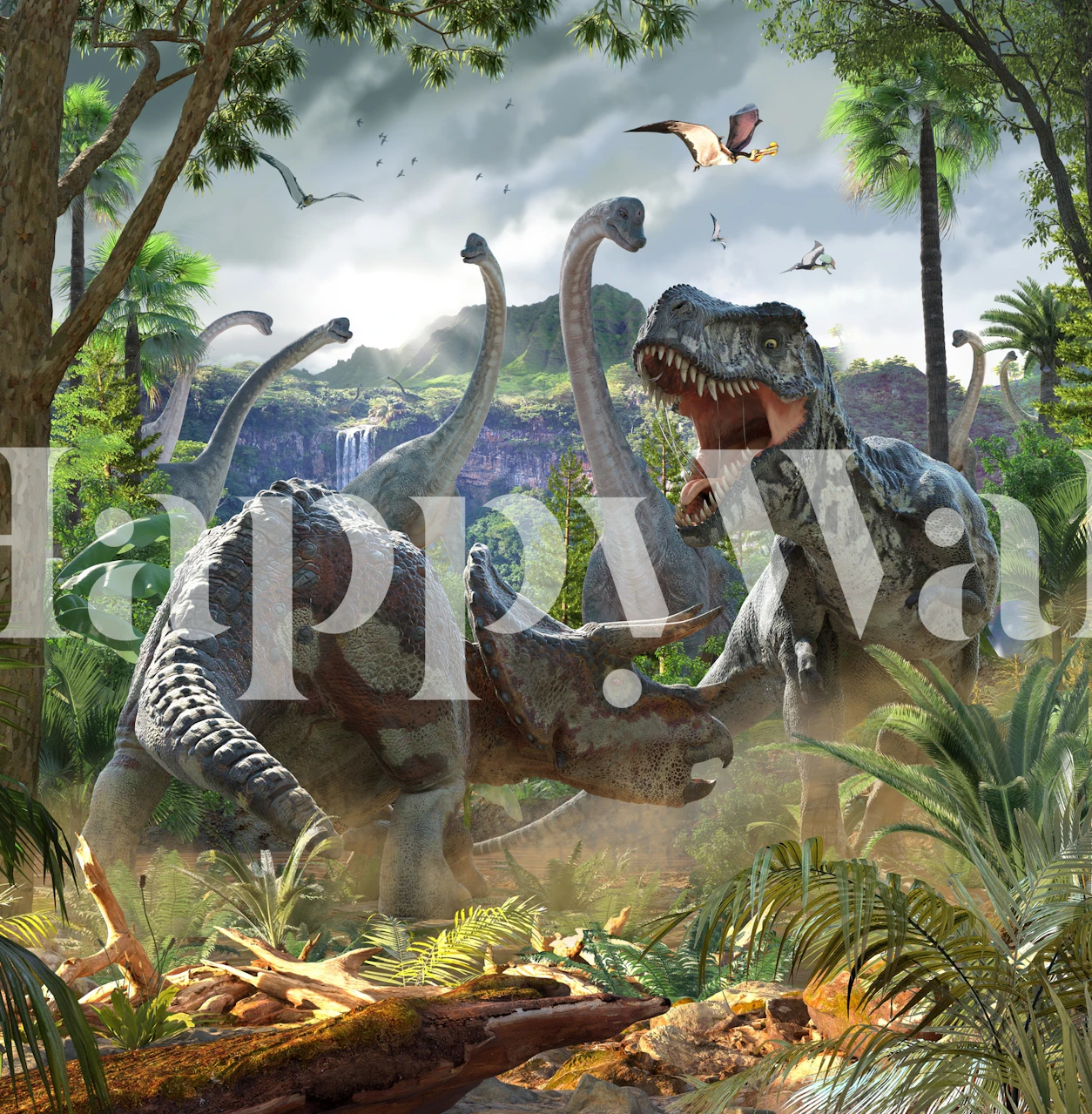 Dinosaurs battling in a lush green jungle. Colorful dinosaur wallpaper