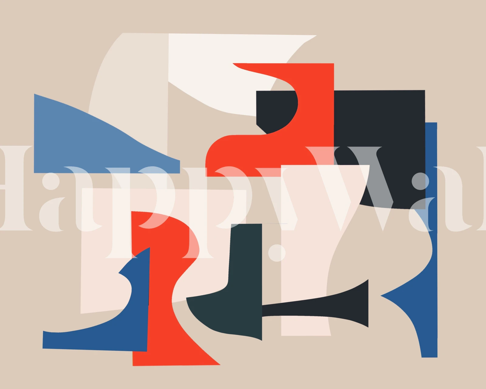 Colorful cutout shapes in red, blue, cream, and black abstract wallpaper