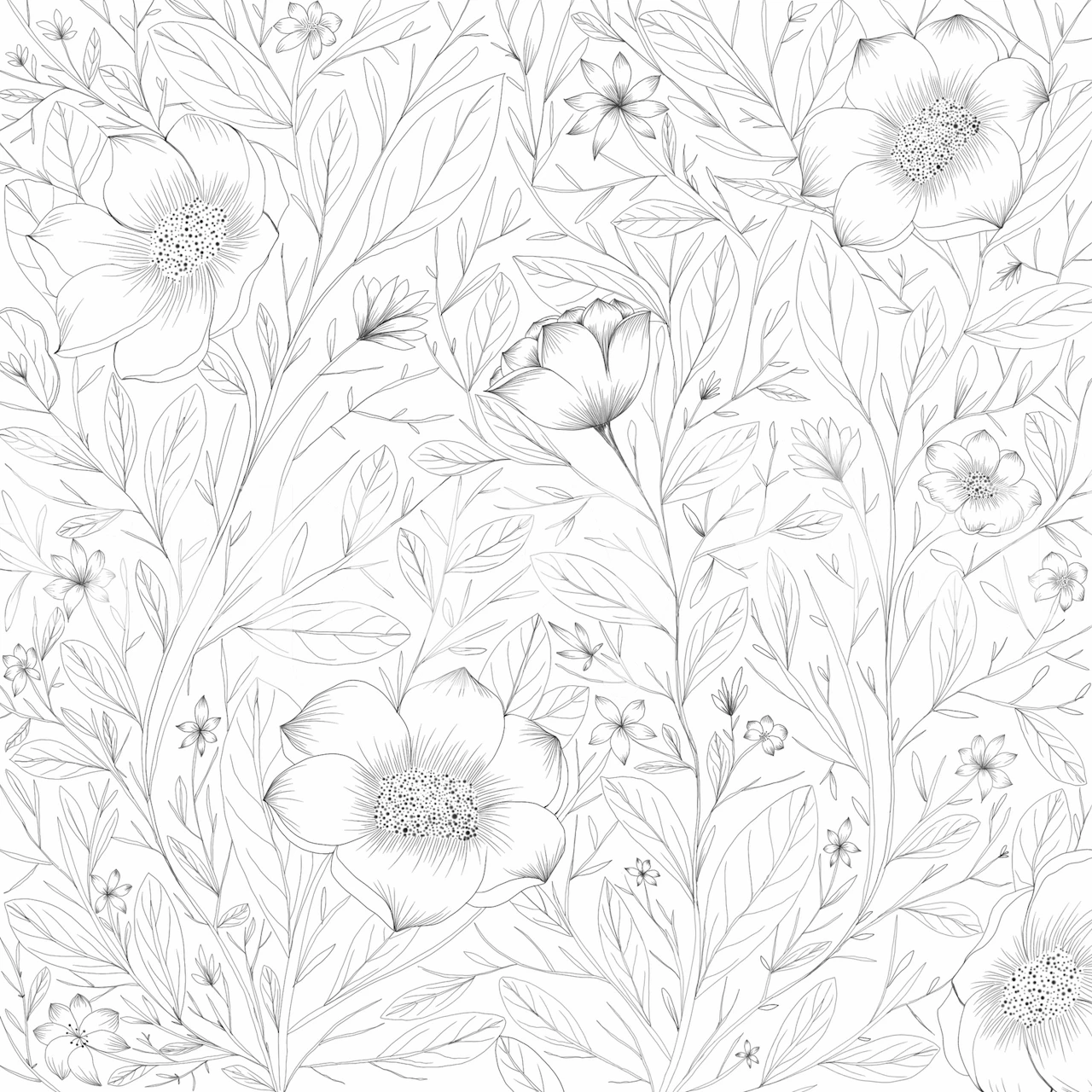 Black and white floral pattern wallpaper with intricate details