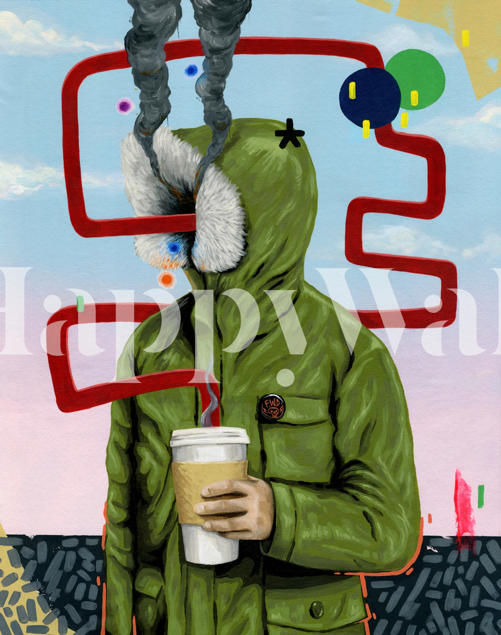 Colorful illustration of a person with coffee cup and abstract lines wallpaper
