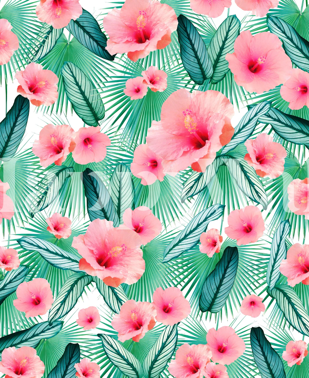 Tropical hibiscus and palm leaves pattern wallpaper