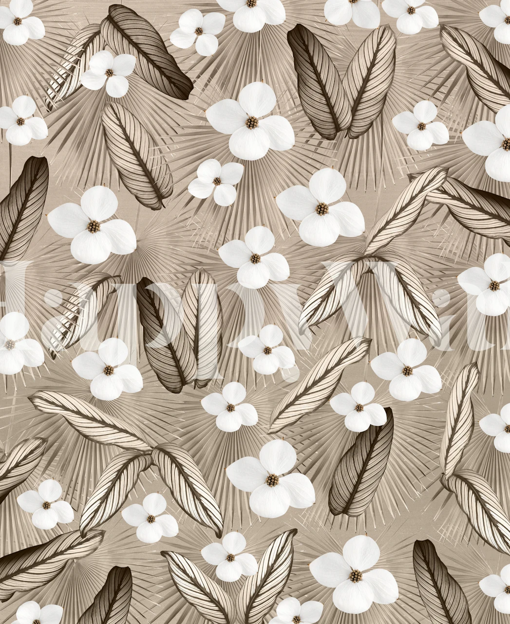 Beige floral wallpaper with palm leaves and blossoms
