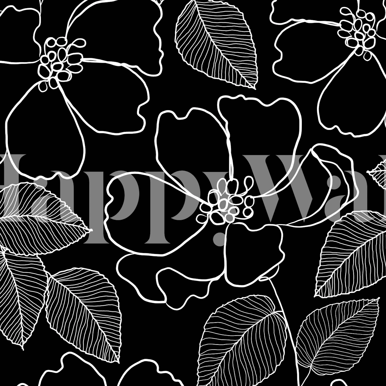 Black and white floral pattern featuring large flowers and leaves wallpaper