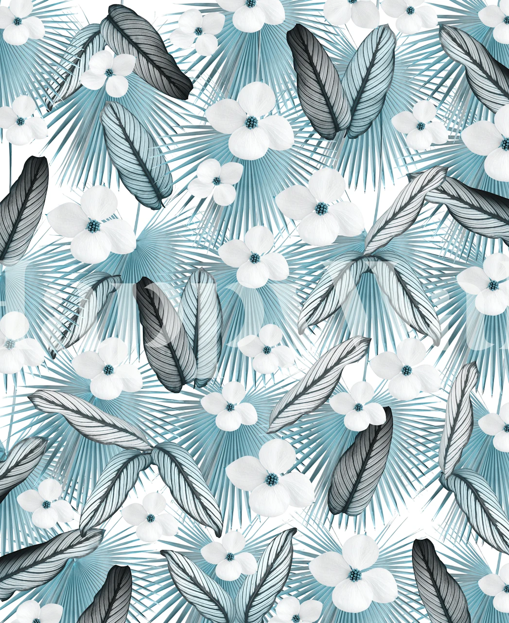 Papel de parede com padrão Ficus Leaves Glam 1a em um quarto