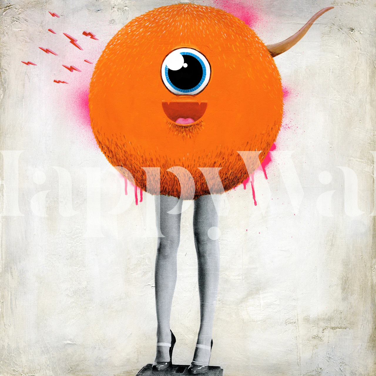 Quirky orange character with one eye and grey legs wallpaper