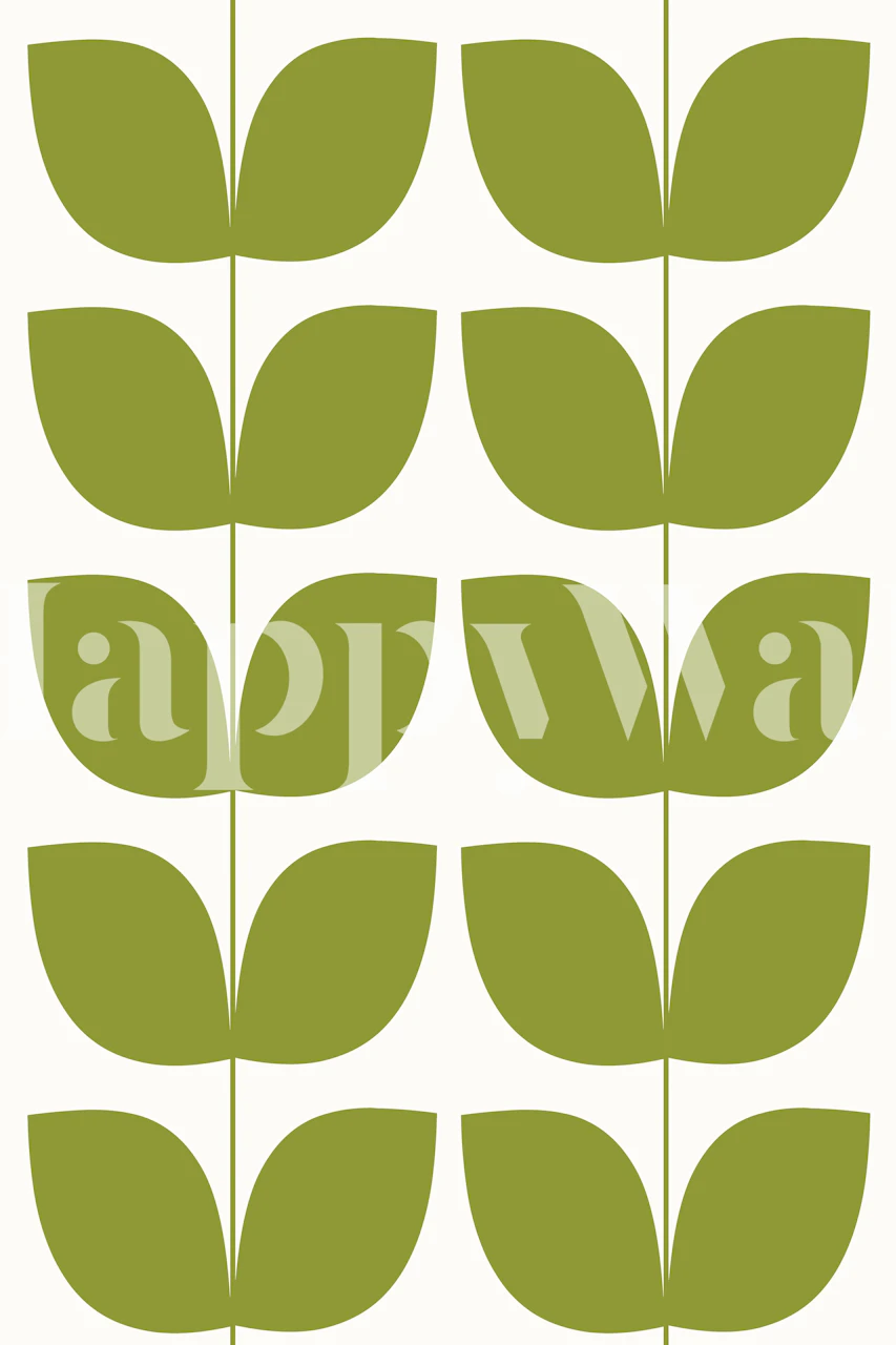 Groene bladeren op witte achtergrond, mid century stijl wallpaper
