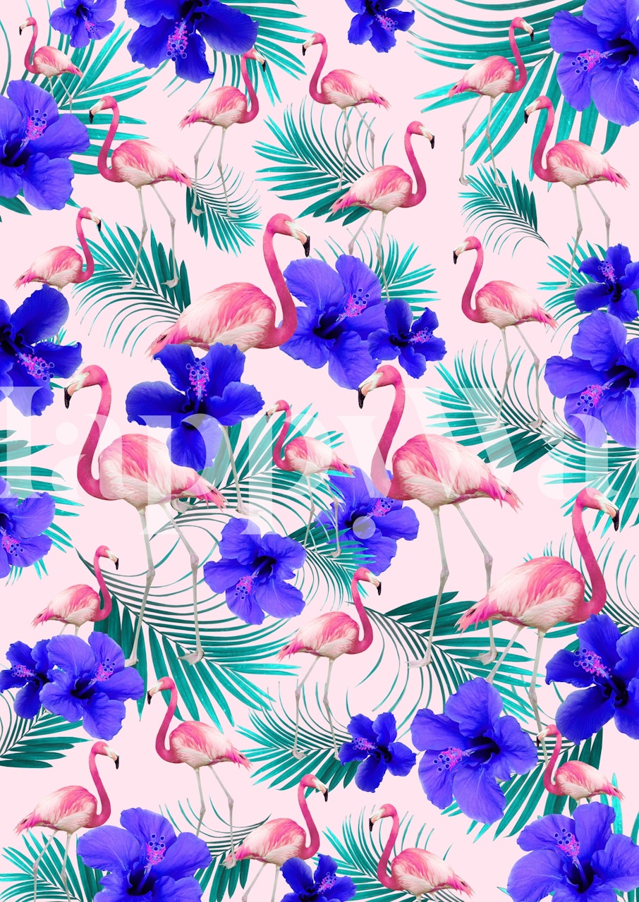 Fototapeta Tropický ibišek a plameňák s palmovými listy na růžovém pozadí