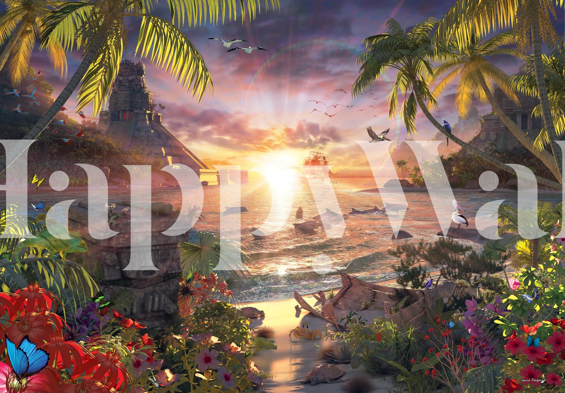 Tropical beach sunset mural with palm trees and colorful flowers wallpaper