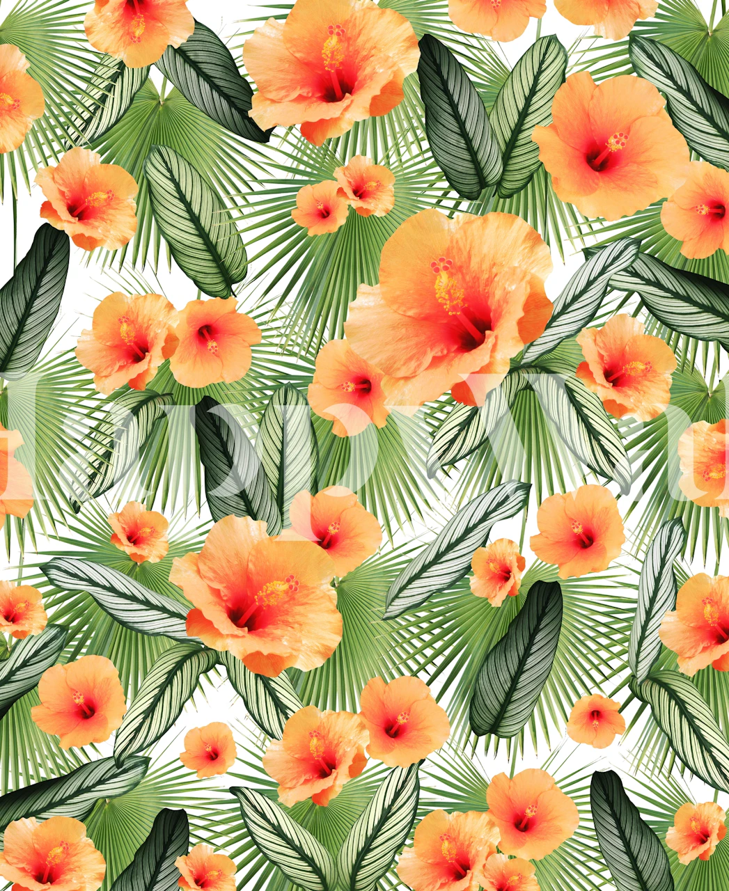 Hibiscus och palm tapet i ett rum