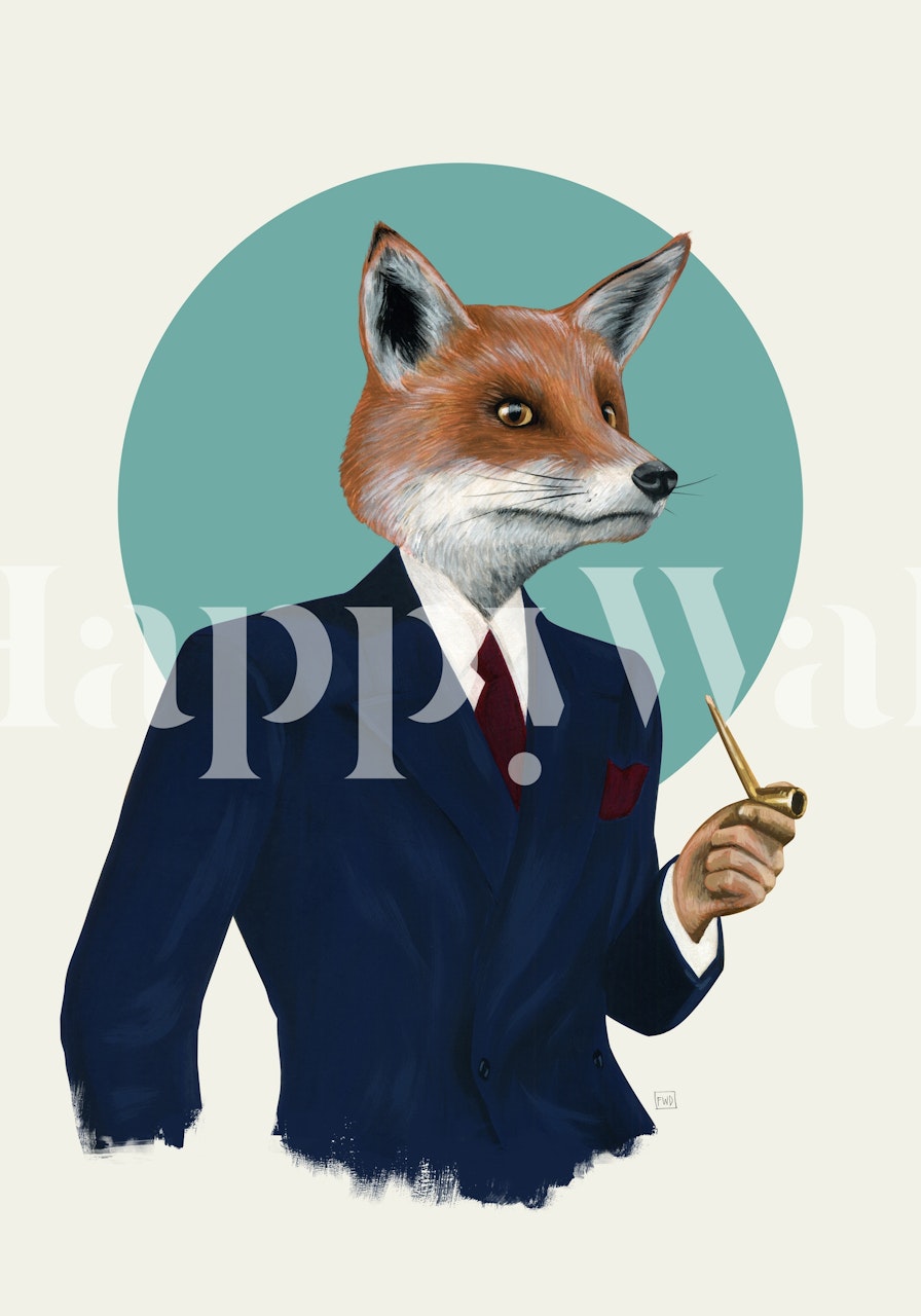 Raposa antropomórfica elegante em um mural de parede de terno em happywall.com