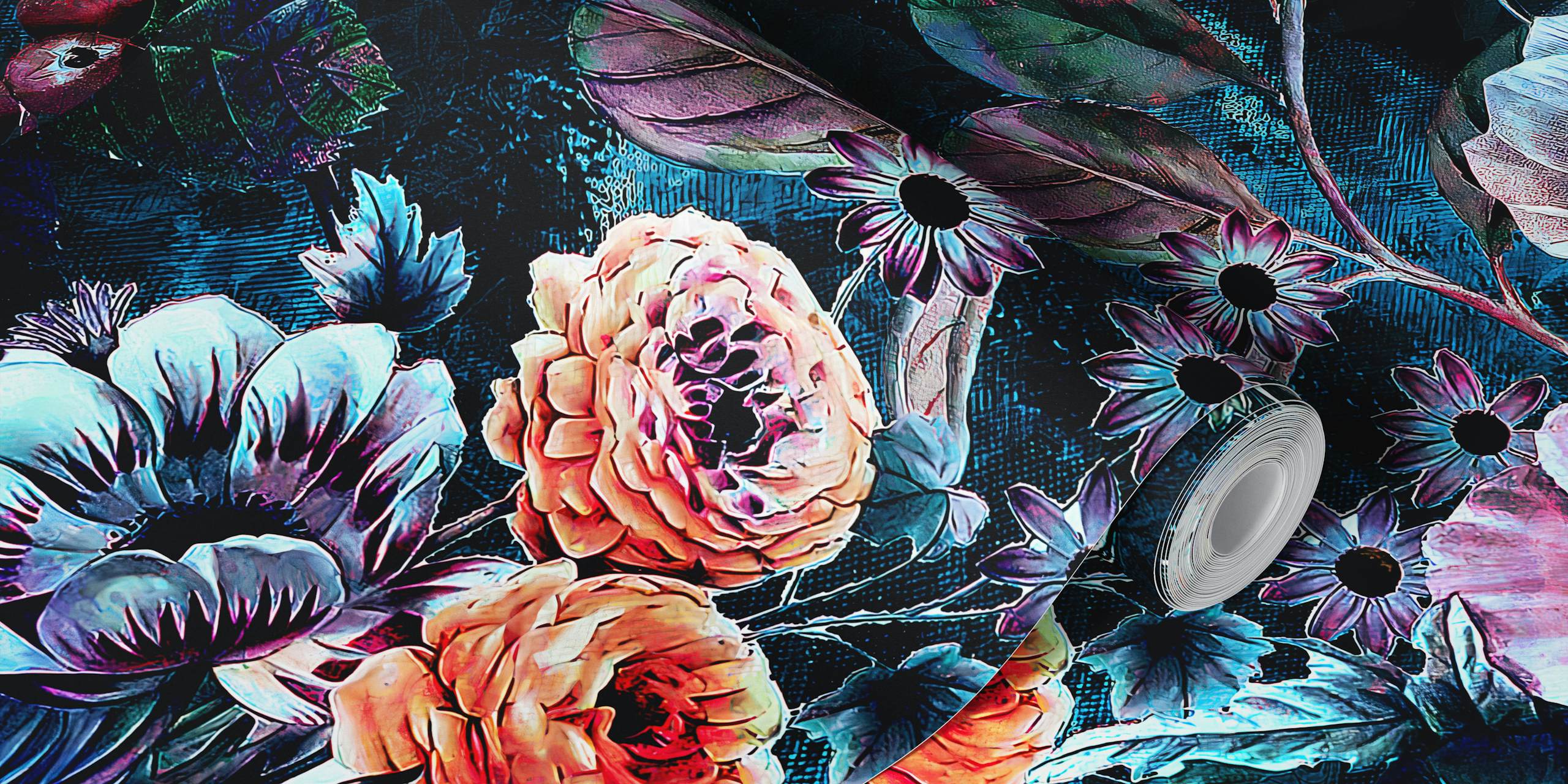 No Wallpaper Night Garden destacando flores neon em flor em uma cena noturna vívida