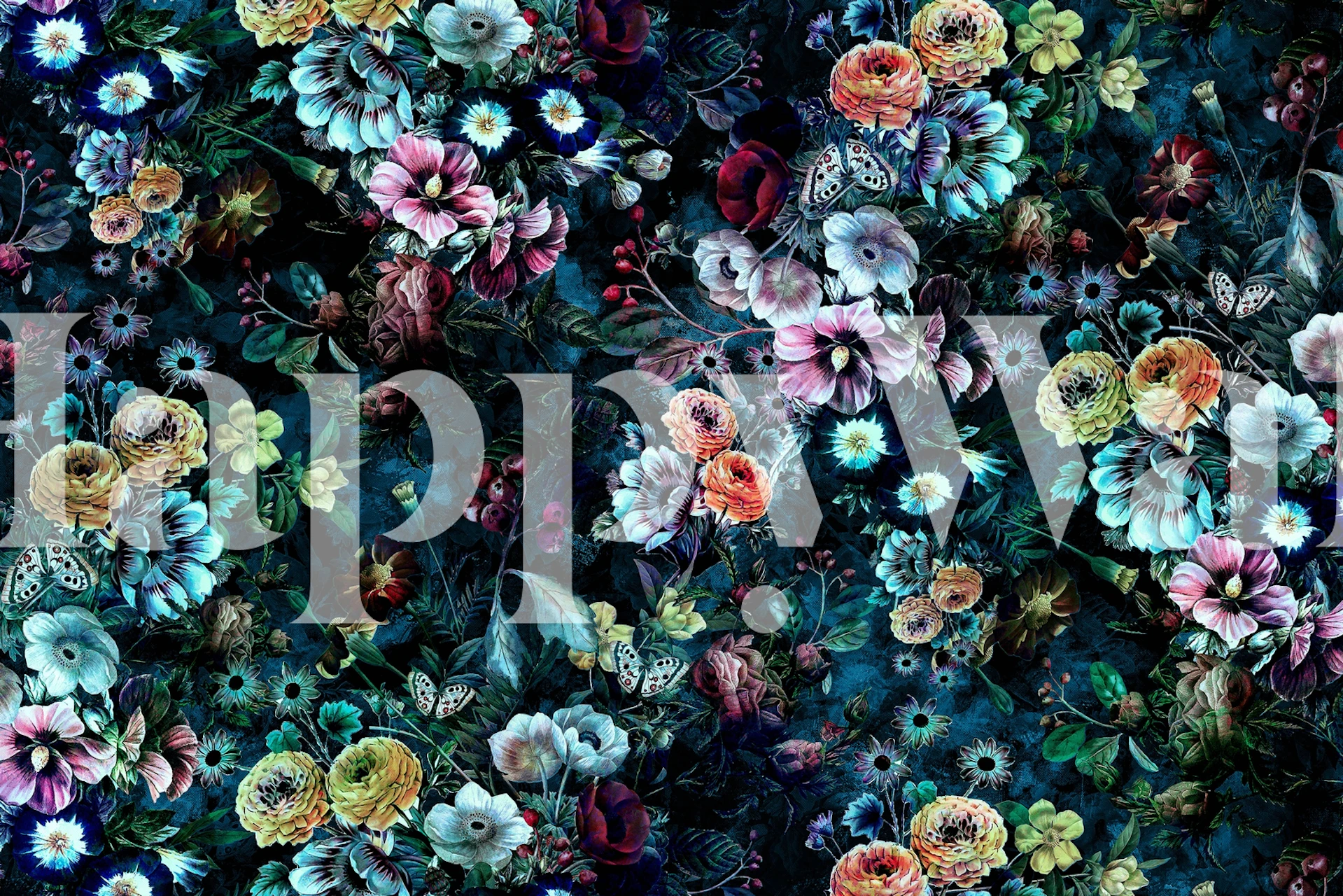 Colorful floral patterns with butterflies on dark background wallpaper