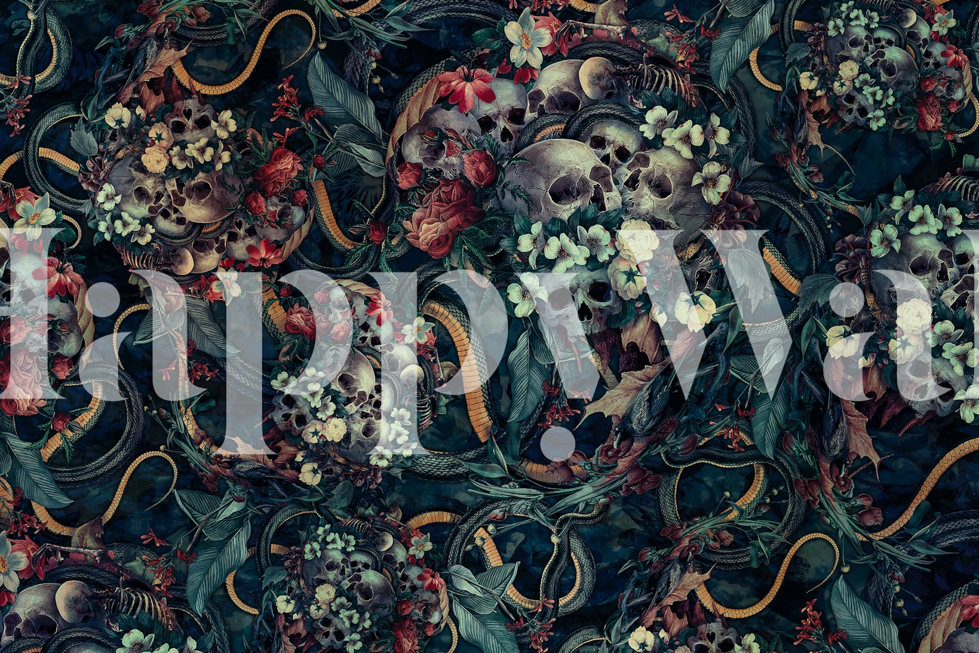 Skulls, snakes, and flowers in dark colors wallpaper