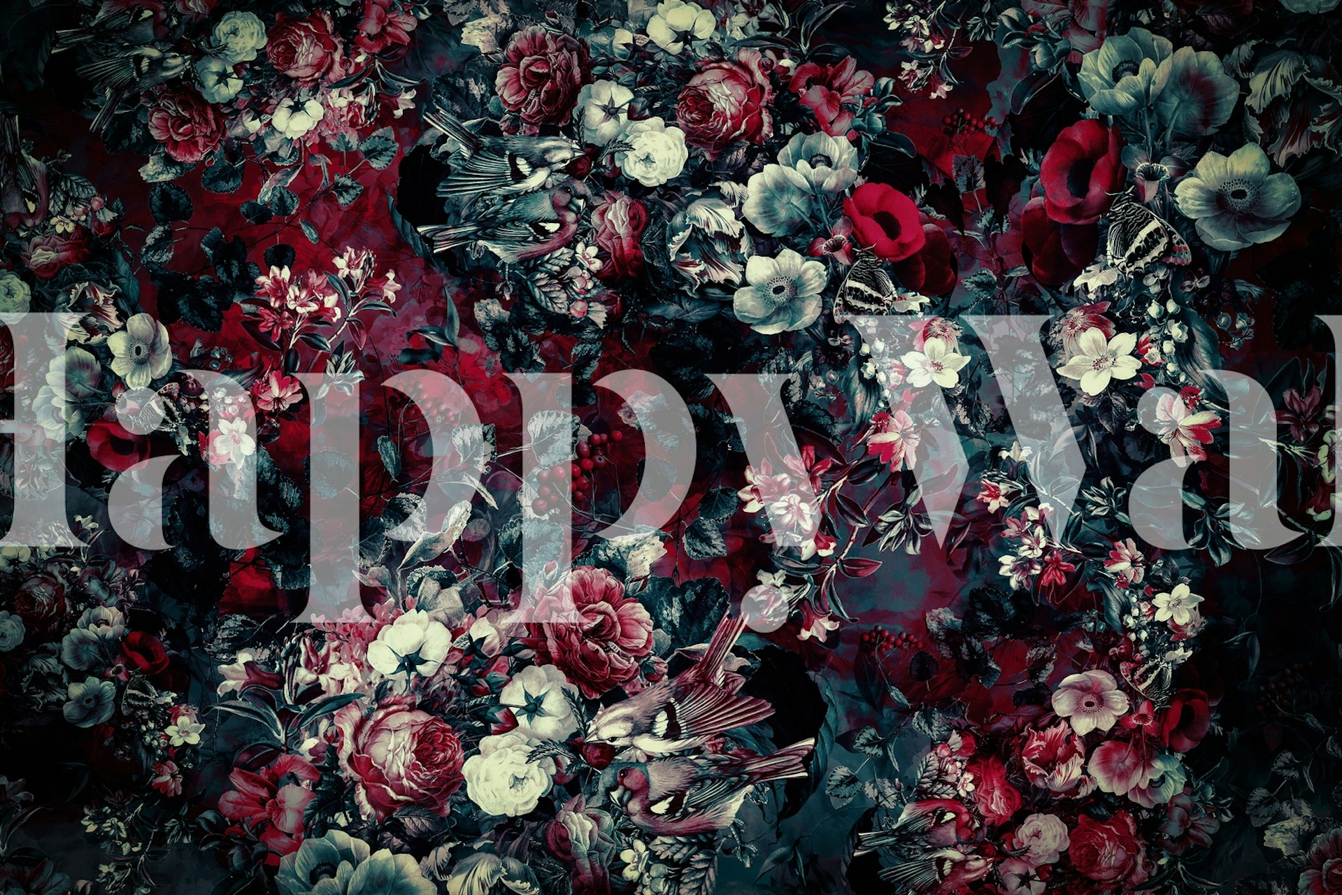 Floral pattern in dark colors with red and blue tones wallpaper