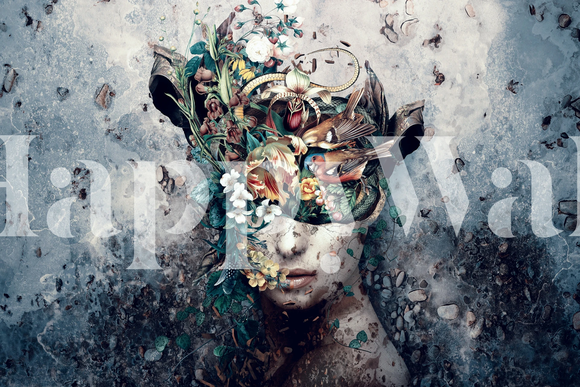 Floral art mural featuring vibrant colors and intricate foliage wallpaper