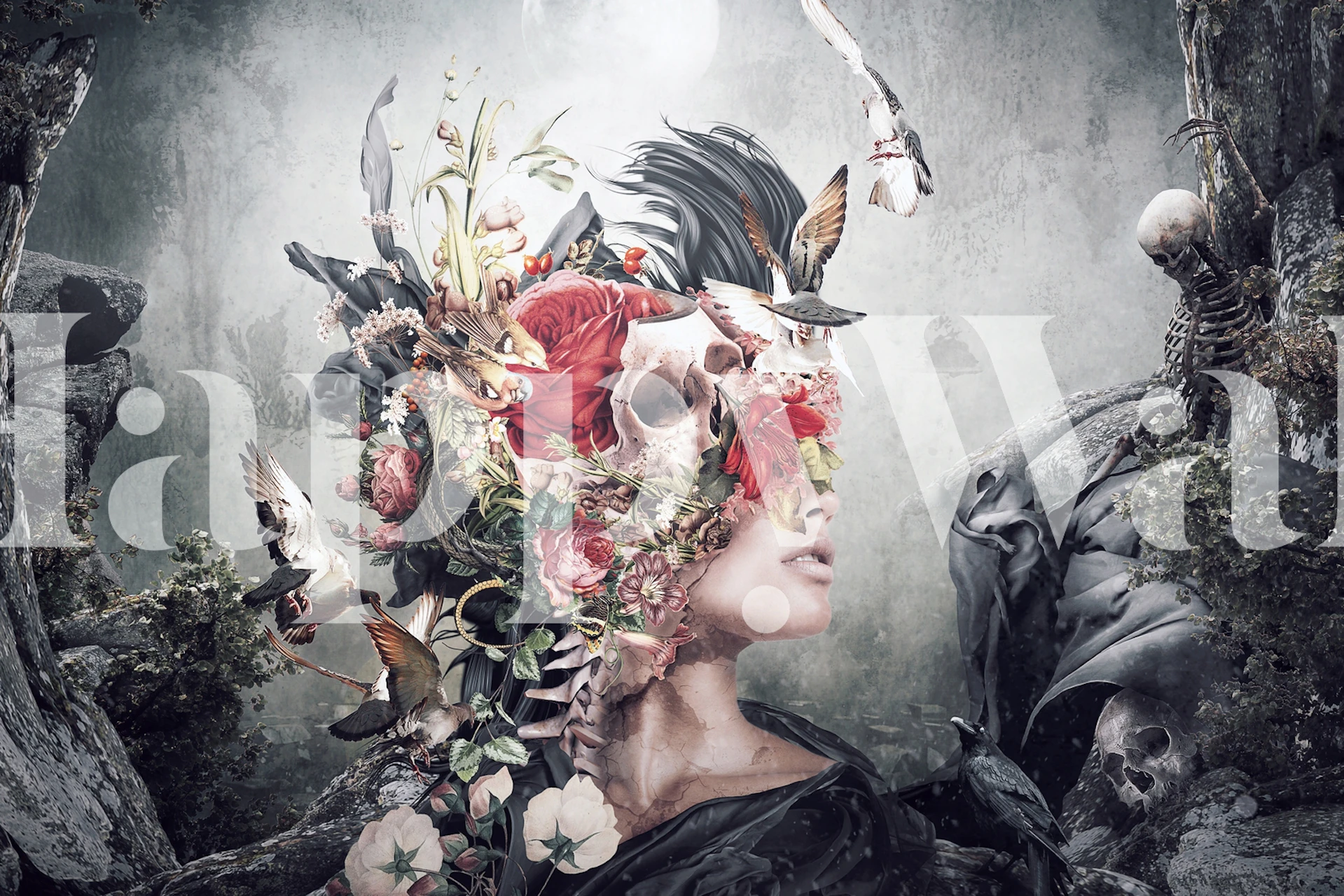 Surrealistická nástěnná fototapeta s postavou s květinovou a péřovou čelenkou v tlumených tónech