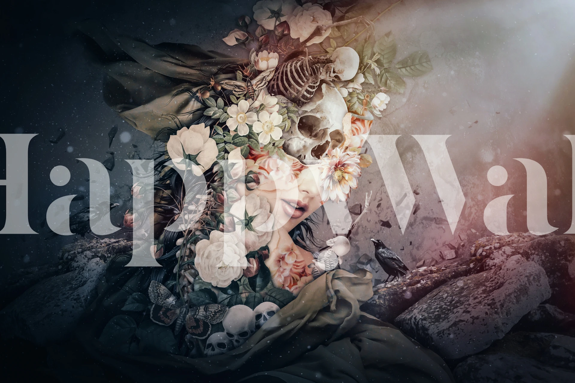 Floral design with skulls, soft colors, nature wallpaper