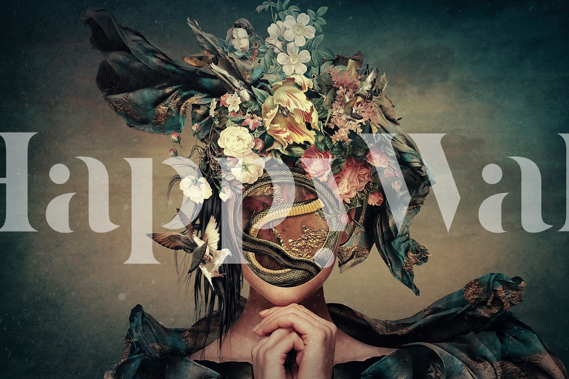 Floral portrait with snake, colorful flowers, artistic wallpaper
