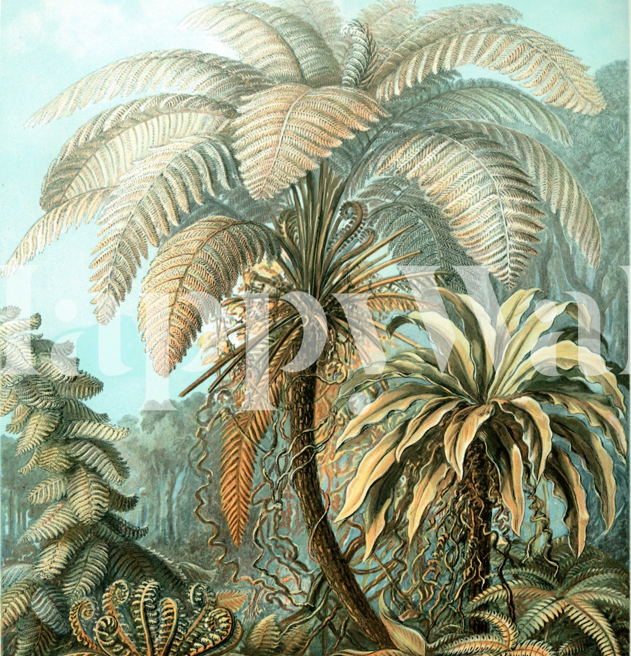 Tropical jungle plants in greens and beiges vintage wallpaper