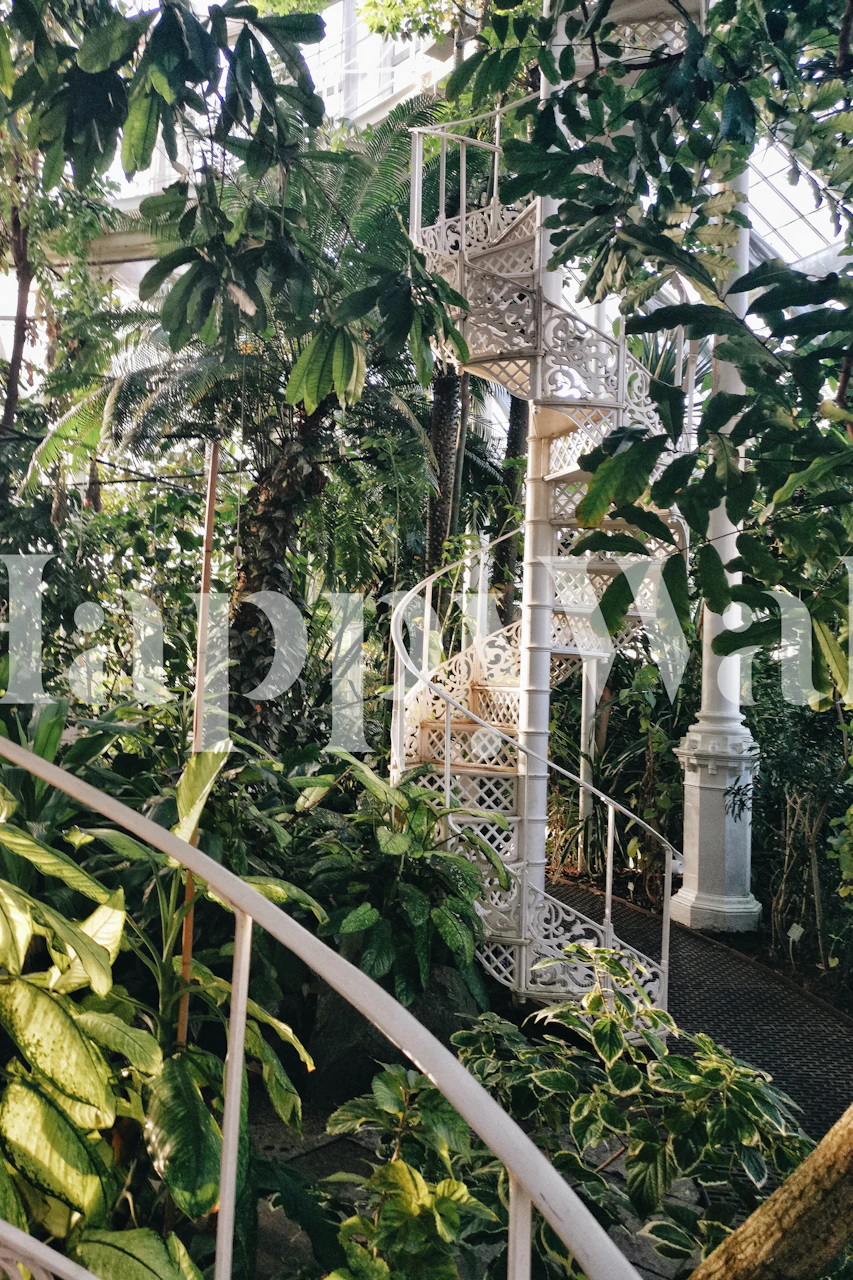 Botanical greenhouse with lush plants and spiral staircase