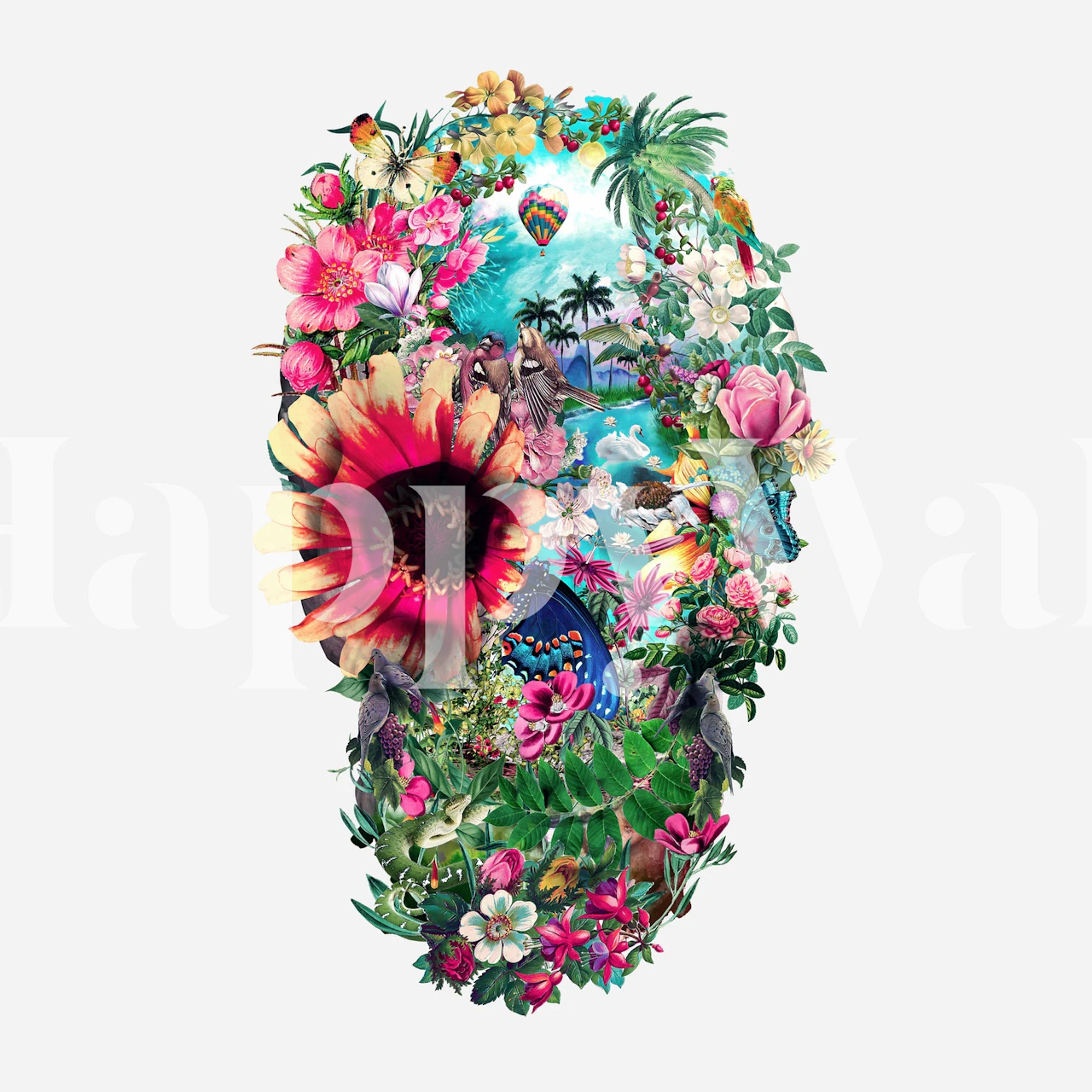 Floral skull design with vibrant flowers and tropical elements wallpaper