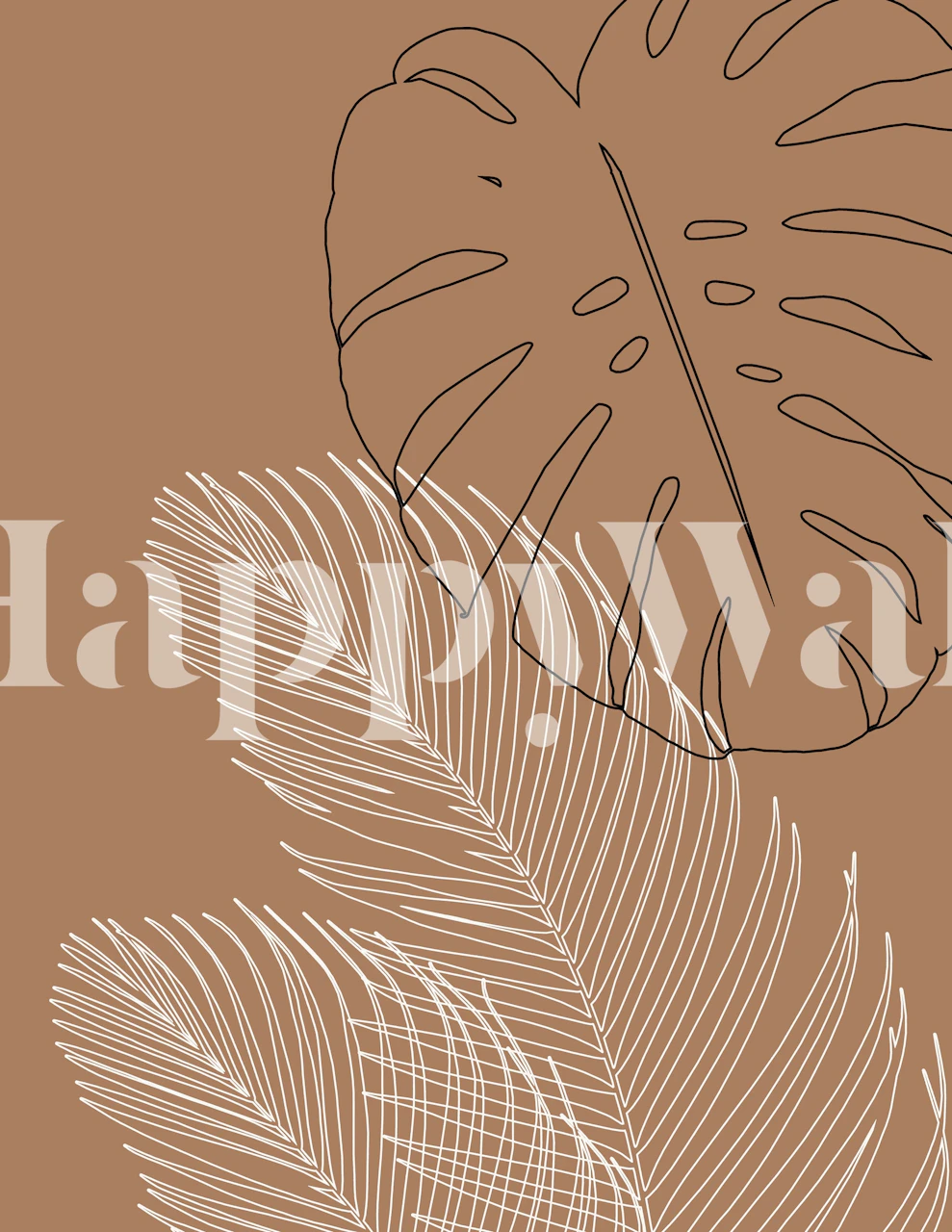 Monstera Finesse Line Art tapet med eleganta bladdesigner på en varm brun bakgrund