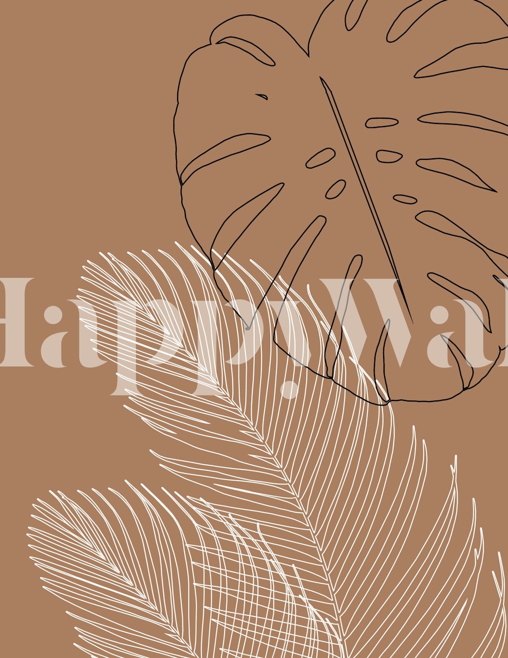 Papier peint Monstera Finesse Line Art avec d'élégants motifs de feuilles sur un fond marron chaud