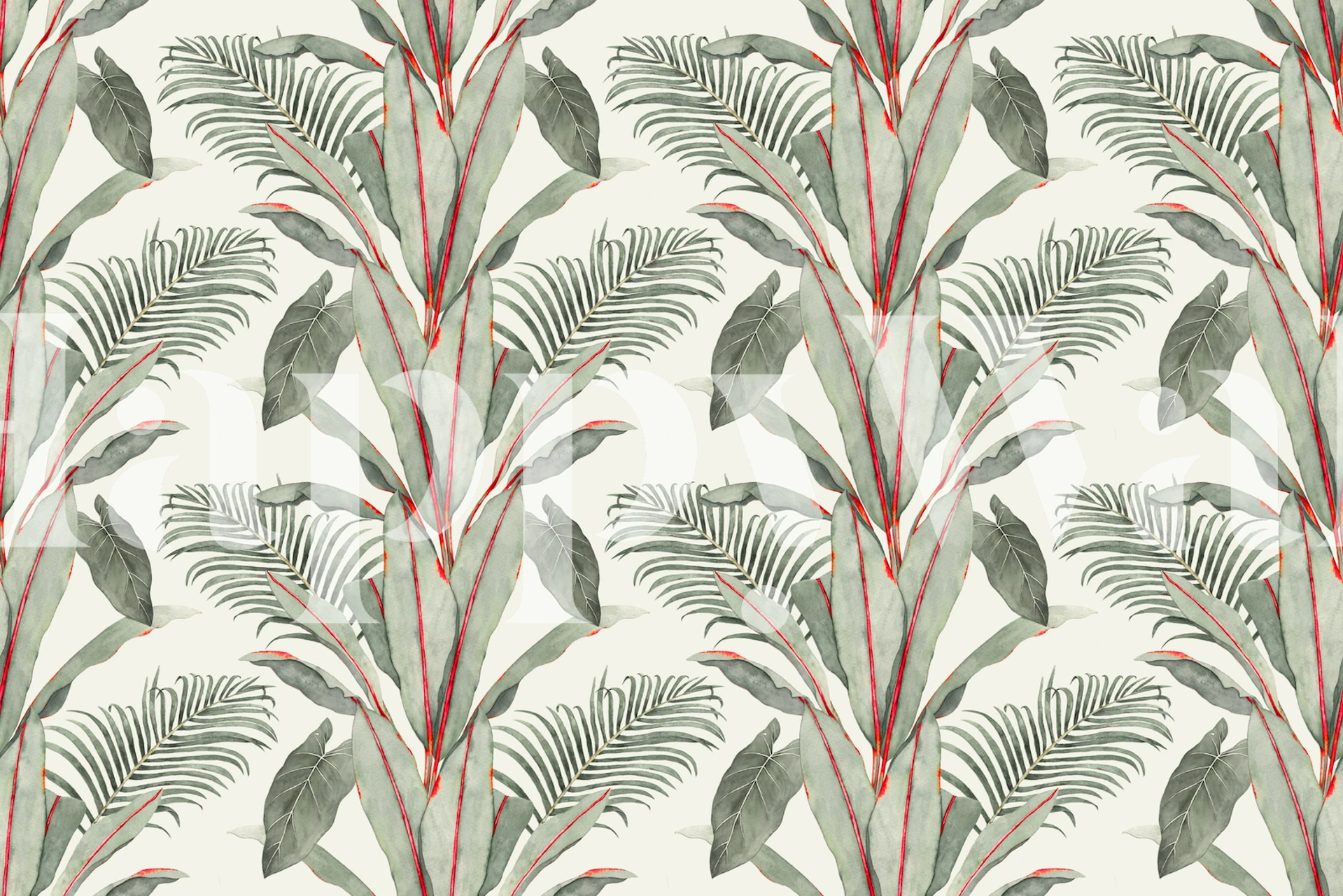Tropical banana palm leaves in green and red tones wallpaper