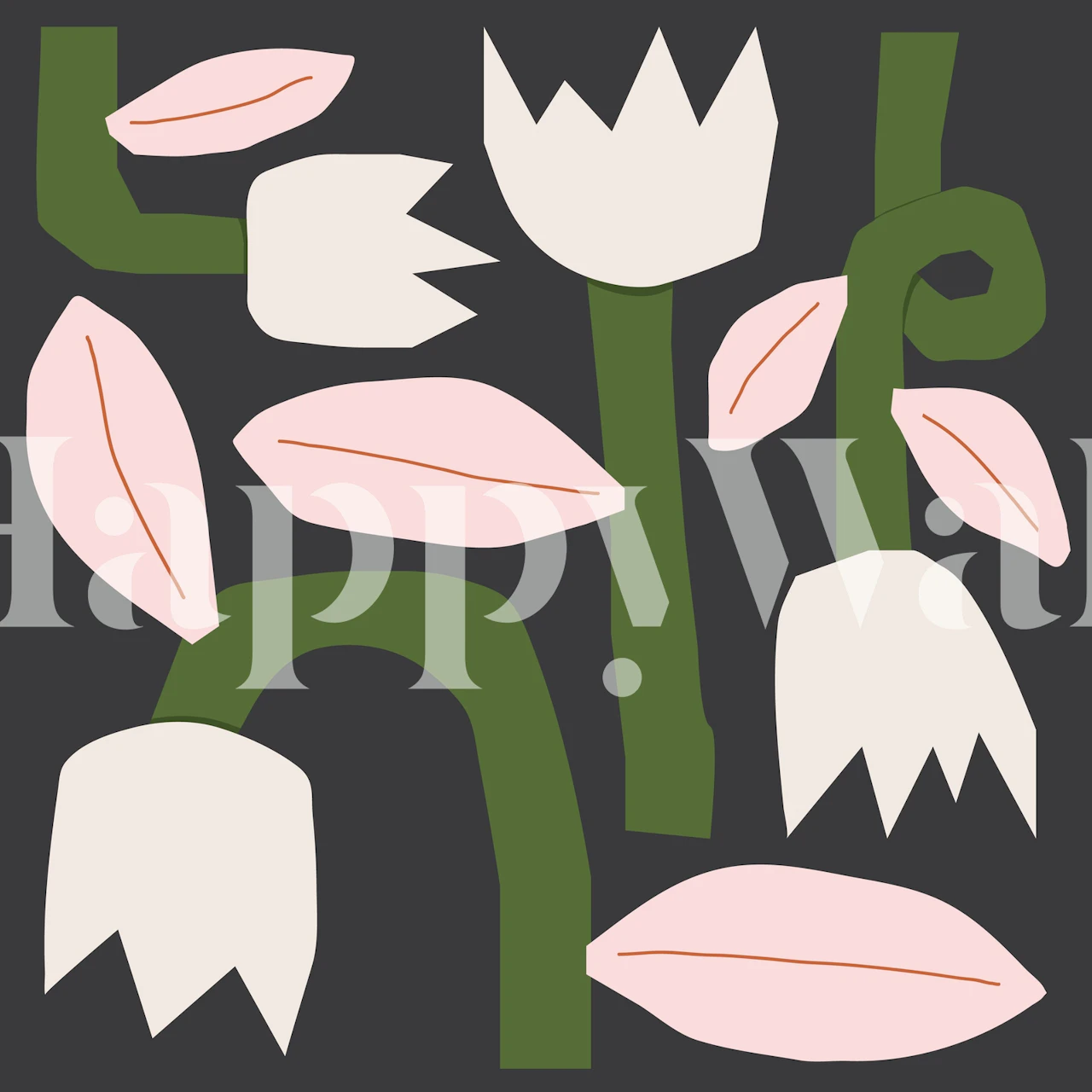 Floral design with pink blooms and green leaves on black wallpaper