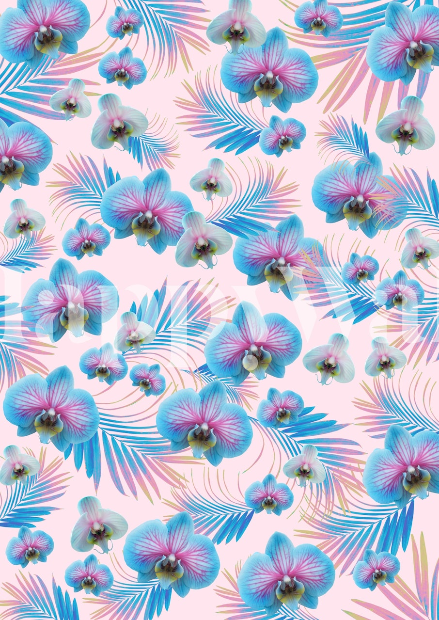 Colorful tropical orchids with blue and pink hues wallpaper