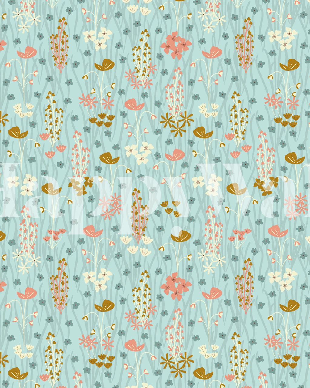 Colorful wildflowers in shades of pink, yellow, and white on a blue background wallpaper