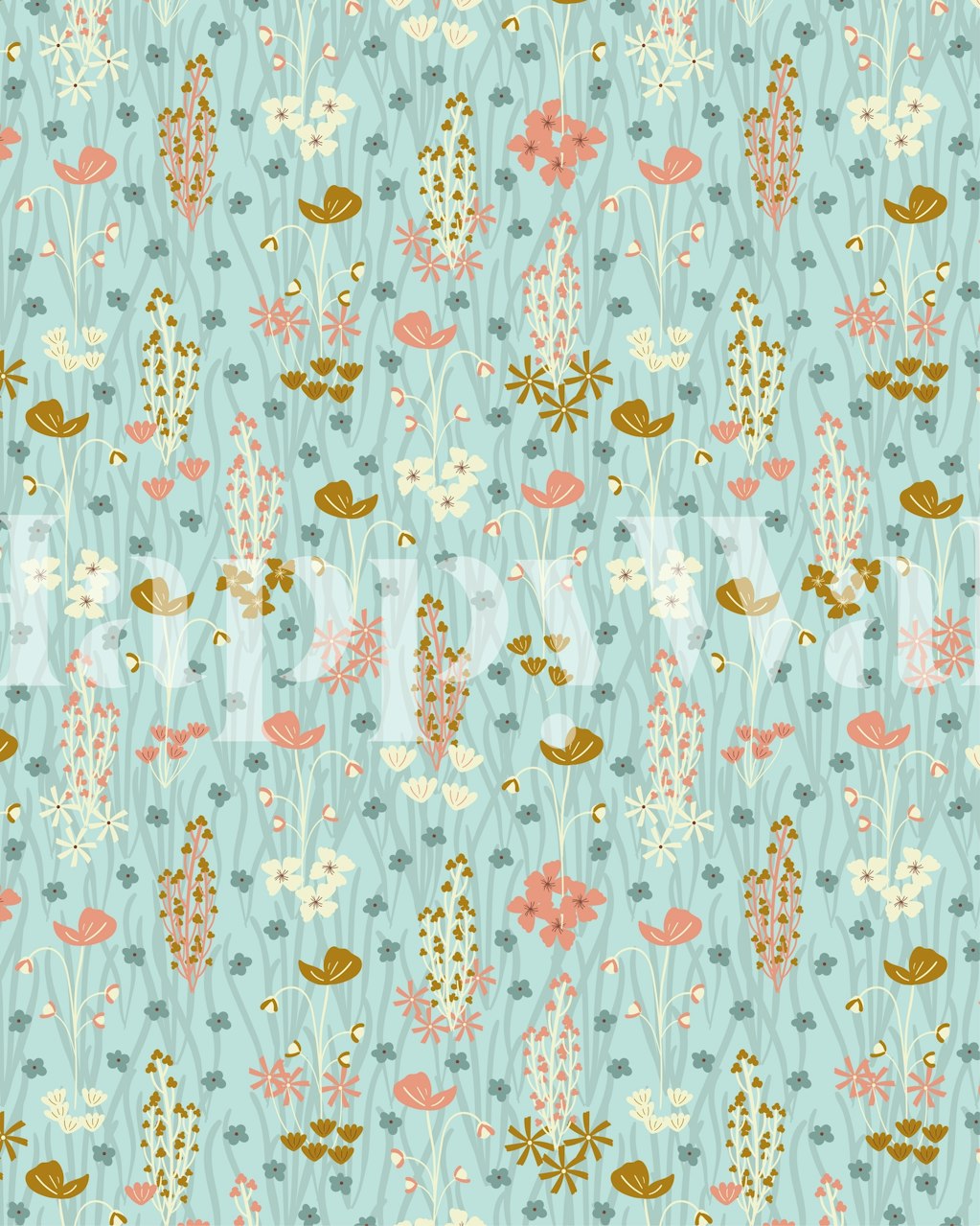 Colorful wildflowers in shades of pink, yellow, and white on a blue background wallpaper