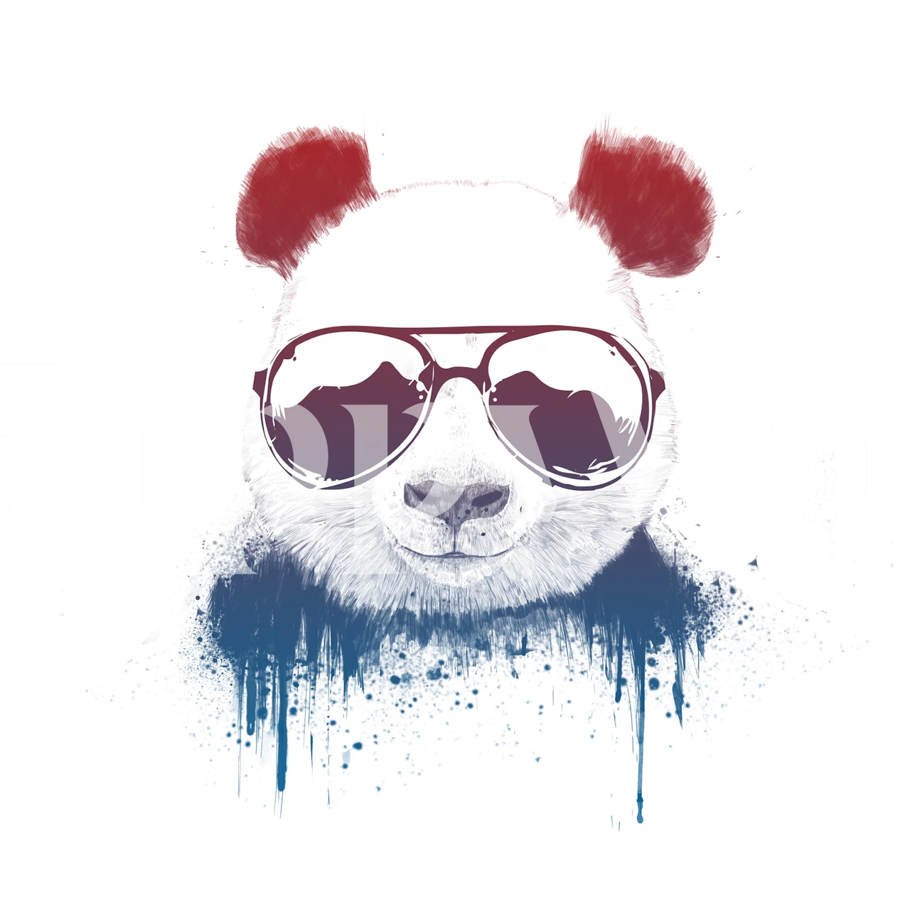 Illustrated panda wearing sunglasses with splashes of red and blue colors wallpaper